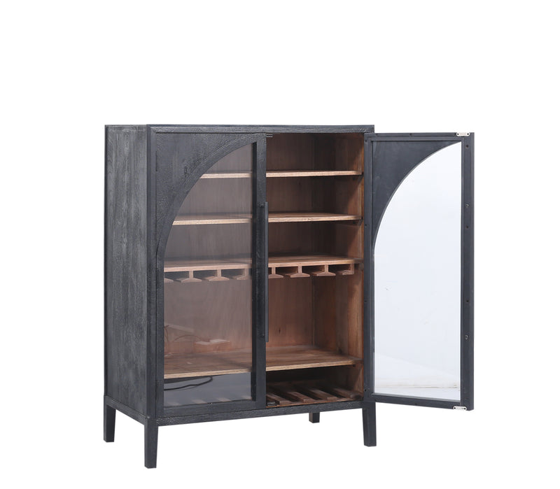 The Fox & Roe Hattie 2 Door Bar Cabinet in Sandblasted Black & Walnut Finish