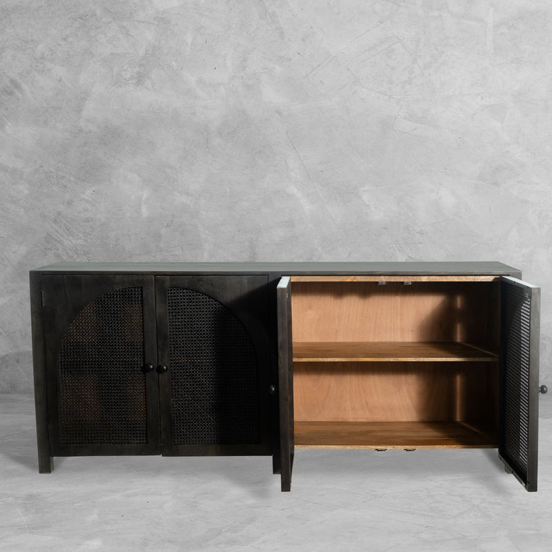 The Fox & Roe Tilda Sideboard in Sandblasted Black  Finish and Rattan Doors