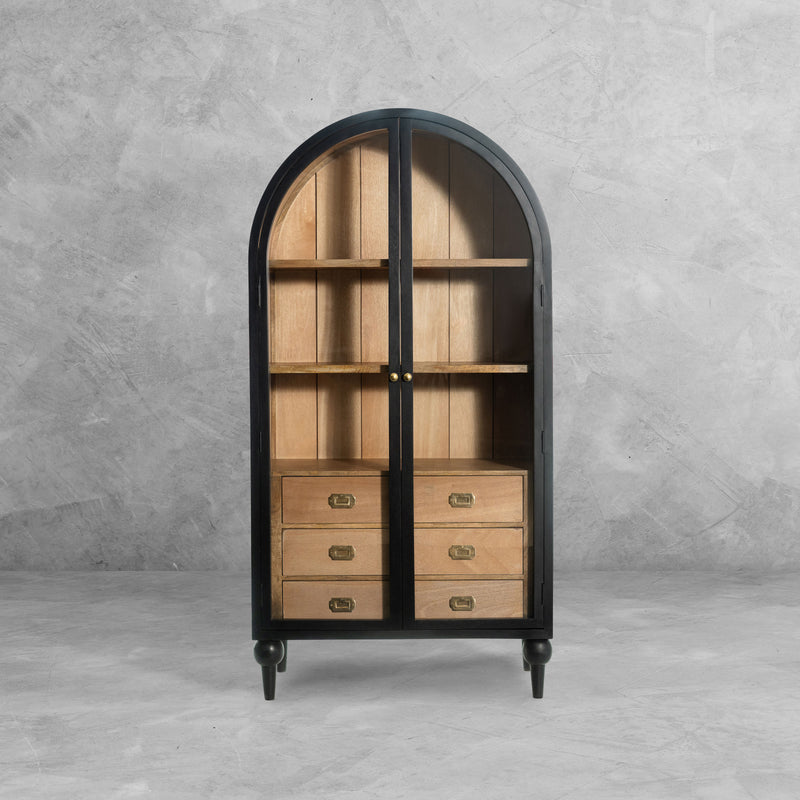 The Fox & Roe Fern Glass Cabinet with Drawer Storage in Washed Black & Walnut Finish