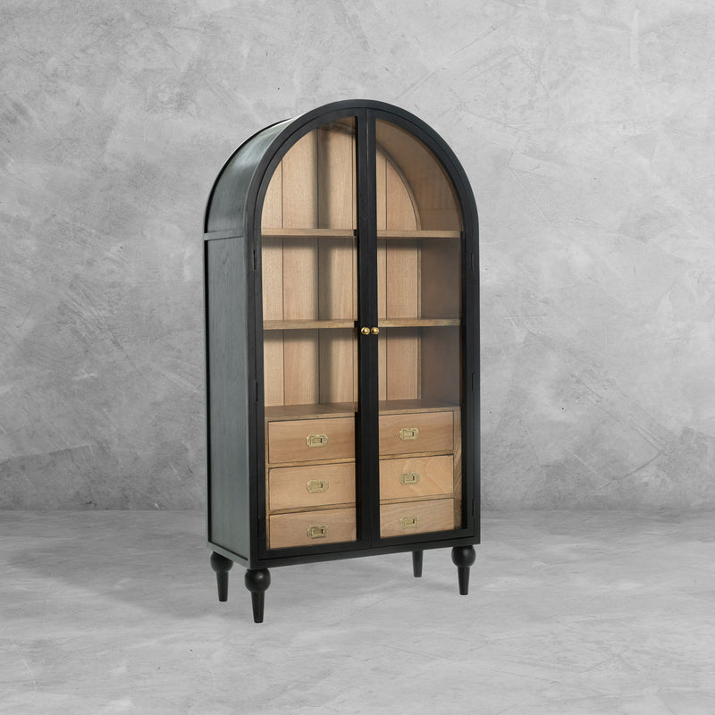 The Fox & Roe Fern Glass Cabinet with Drawer Storage in Washed Black & Walnut Finish