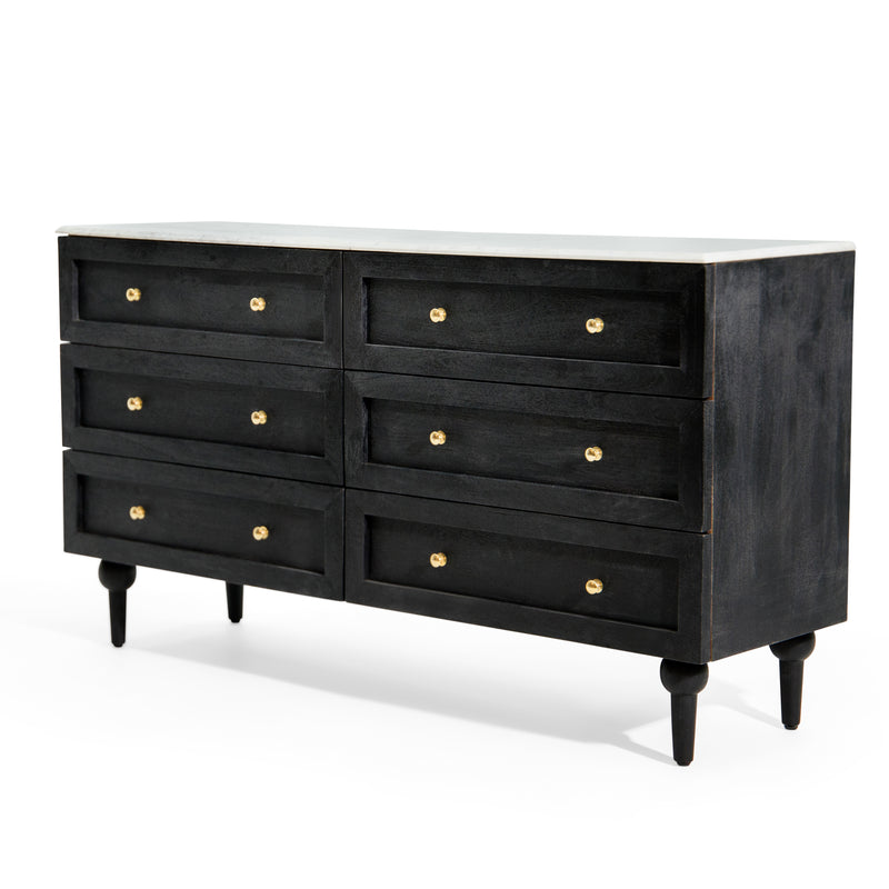 The Fox & Roe Fern 6 Drawer Dresser with Marble Top in Sandblasted Black Finish