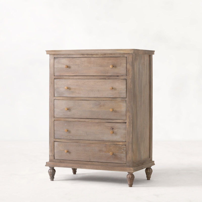 The Fox & Roe Maison 5 Drawer High Boy Chest of Drawers in Sandblast Salvage Grey Finish