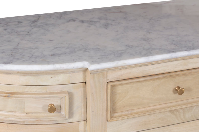 The Fox & Roe Kensington Curved Buffet in Mango with Natural Oak Veneer and White Marble Top