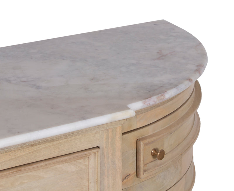 The Fox & Roe Kensington Curved Buffet in Mango with Natural Oak Veneer and White Marble Top