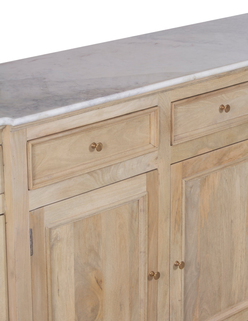 The Fox & Roe Kensington Curved Buffet in Mango with Natural Oak Veneer and White Marble Top