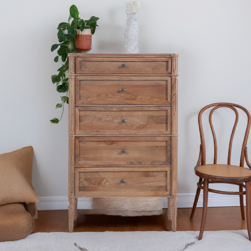 The Fox & Roe Hugo Bedroom Collection 5-Drawer Chest in Washed Walnut Finish