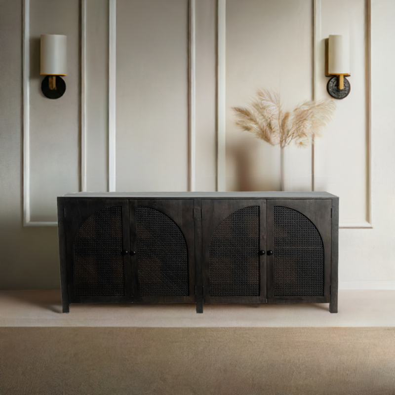 The Fox & Roe Tilda Sideboard in Sandblasted Black  Finish and Rattan Doors