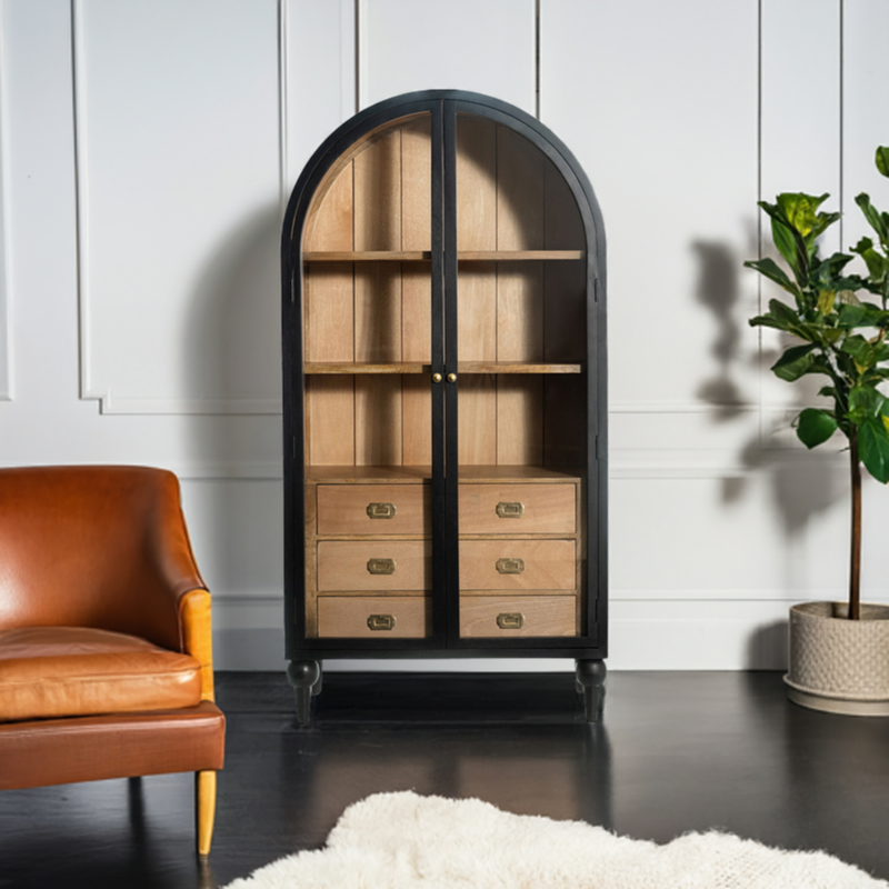 The Fox & Roe Fern Glass Cabinet with Drawer Storage in Washed Black & Walnut Finish