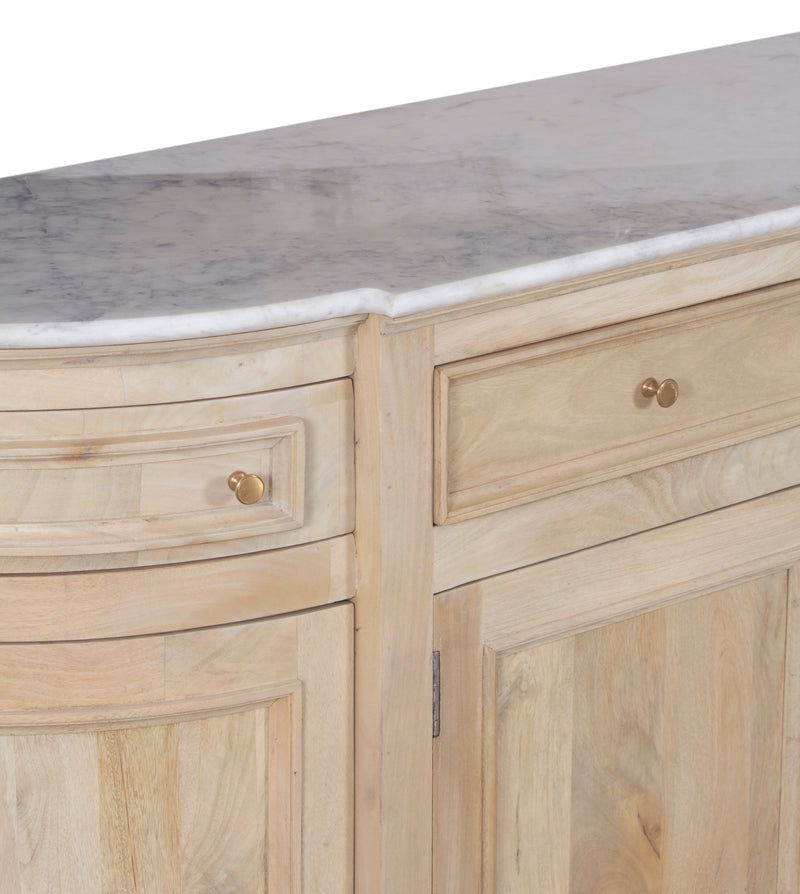 The Fox & Roe Kensington Curved Buffet in Mango with Natural Oak Veneer and White Marble Top