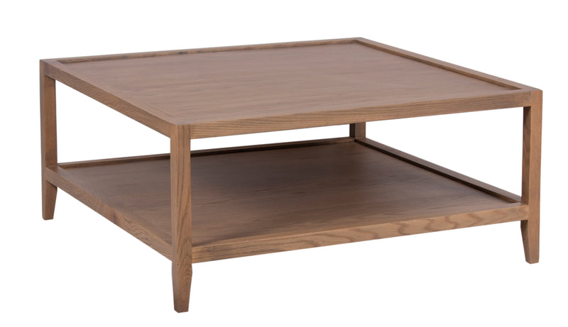 The Fox & Roe French Contemporary Square Coffee Table in Red Oak with Oak Veneer Top and Grey Wash Oak Finish