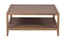 The Fox & Roe French Contemporary Square Coffee Table in Red Oak with Oak Veneer Top and Grey Wash Oak Finish