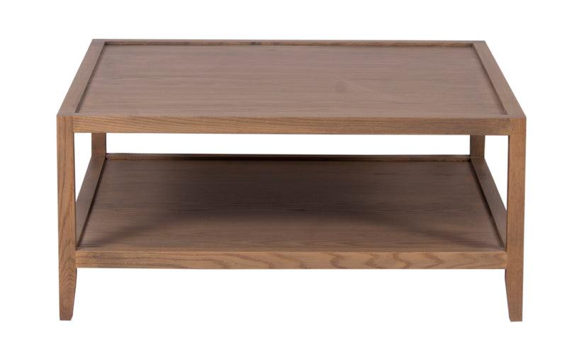 The Fox & Roe French Contemporary Square Coffee Table in Red Oak with Oak Veneer Top and Grey Wash Oak Finish