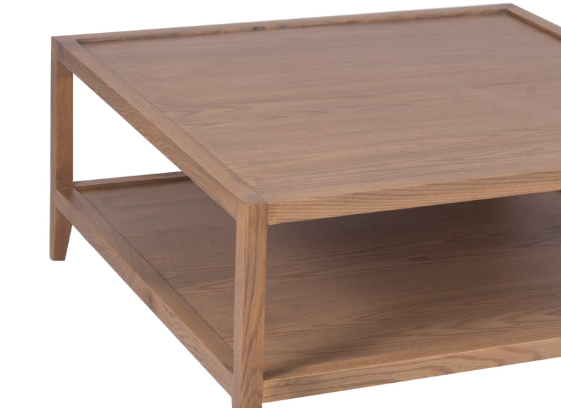 The Fox & Roe French Contemporary Square Coffee Table in Red Oak with Oak Veneer Top and Grey Wash Oak Finish