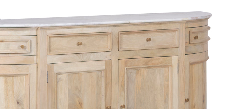 The Fox & Roe Kensington Curved Buffet in Mango with Natural Oak Veneer and White Marble Top