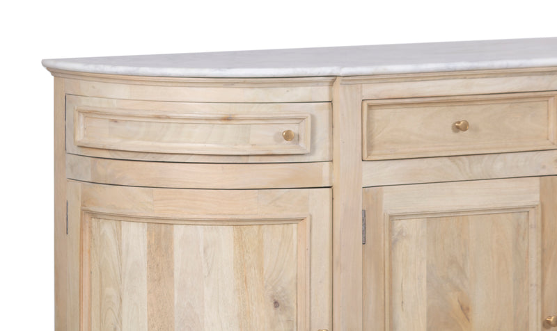 The Fox & Roe Kensington Curved Buffet in Mango with Natural Oak Veneer and White Marble Top